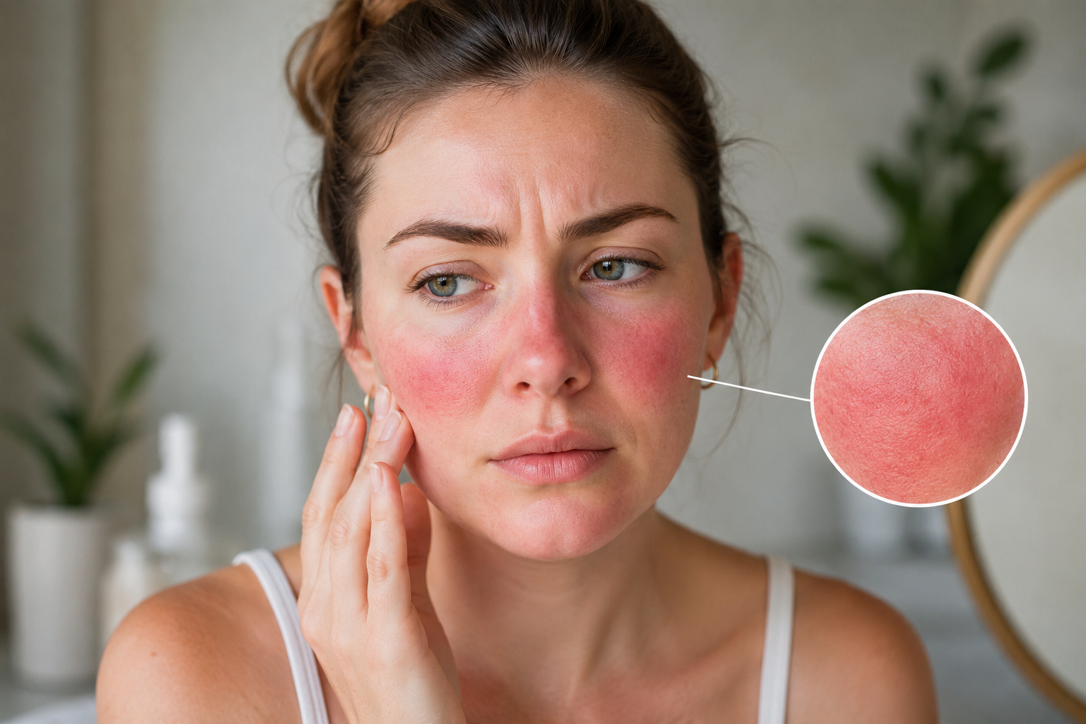 30–50-year-old woman with rosacea showing persistent facial redness across the cheeks and nose, illustrating common symptoms of rosacea.