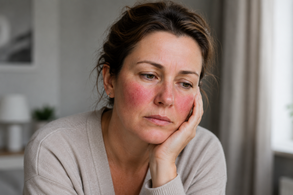 Middle-aged woman with rosacea looking worried, showing red cheeks and nose due to persistent facial redness.