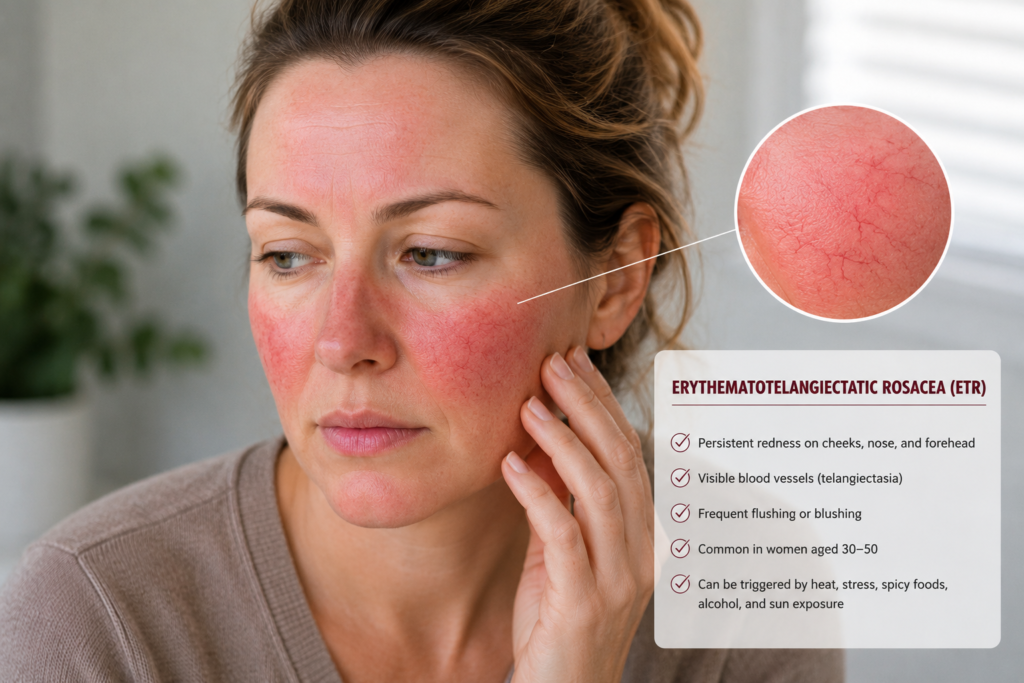 Woman with erythematotelangiectatic rosacea (ETR) showing persistent facial redness, flushing, and visible blood vessels on the cheeks and nose.