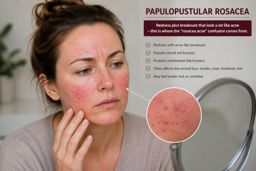 Woman with papulopustular rosacea showing facial redness and acne-like bumps on the cheeks, often mistaken for acne.