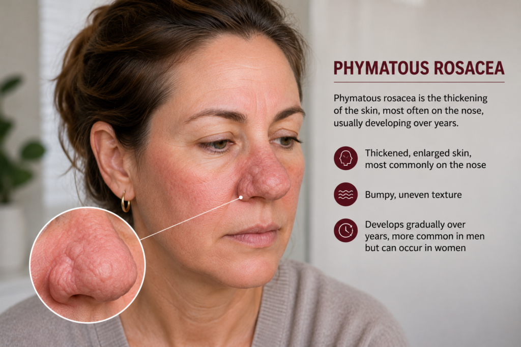 Woman with phymatous rosacea showing thickened skin and an enlarged, bumpy nose caused by long-term rosacea.