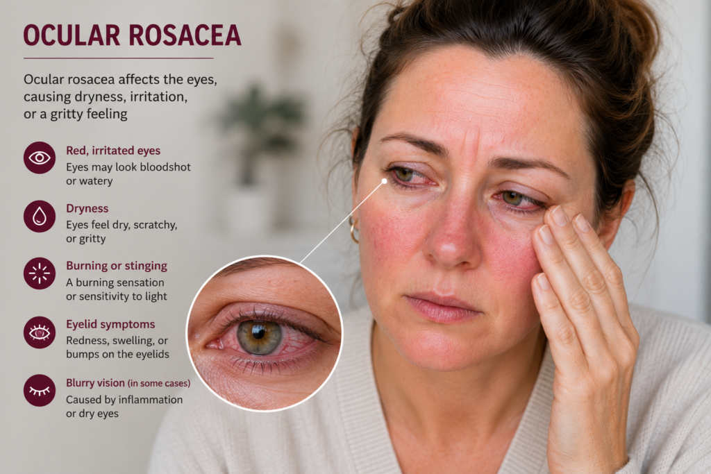 Woman with ocular rosacea experiencing dry, irritated, bloodshot eyes and facial redness, illustrating eye-related rosacea symptoms.