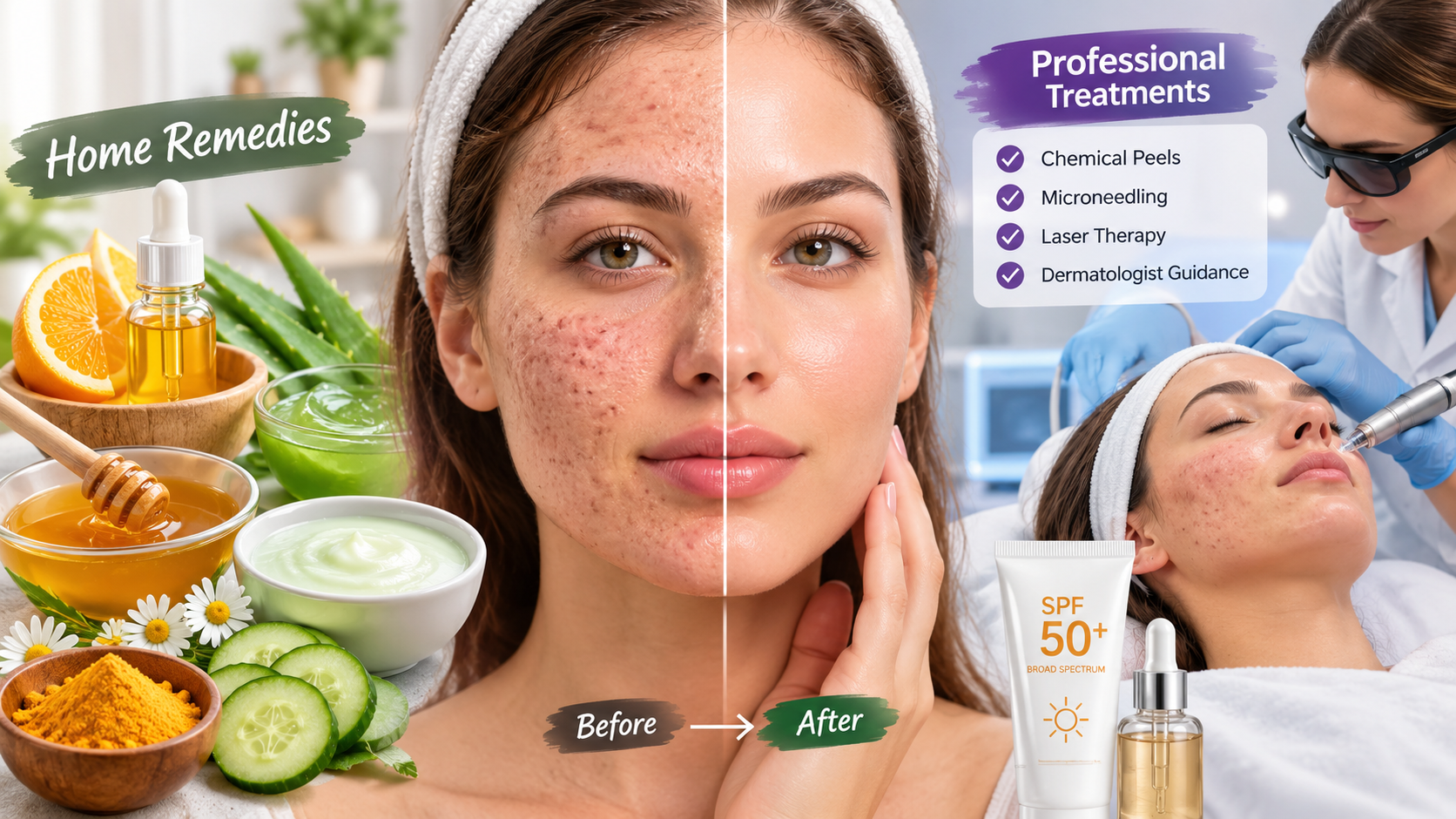 "Realistic acne scar removal concept featuring home remedies vs professional skin treatments"