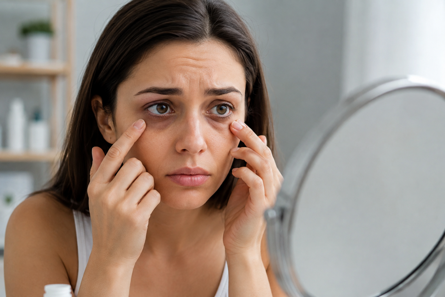 "Young American woman looking in a bathroom mirror with visible dark circles under her eyes, appearing concerned about tired-looking skin before starting an under-eye skincare routine."