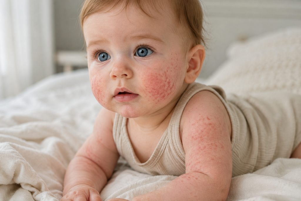 Baby with eczema on cheeks and arms showing dry irritated skin