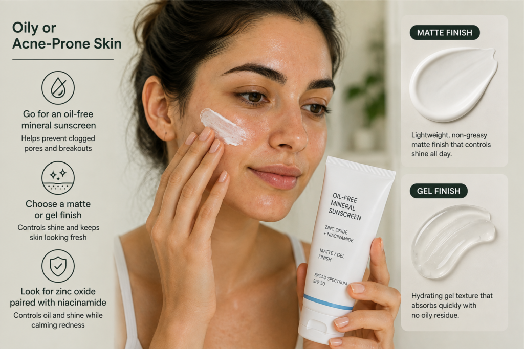 Woman with oily acne-prone skin applying oil-free mineral sunscreen with matte finish and zinc oxide for shine control and redness relief