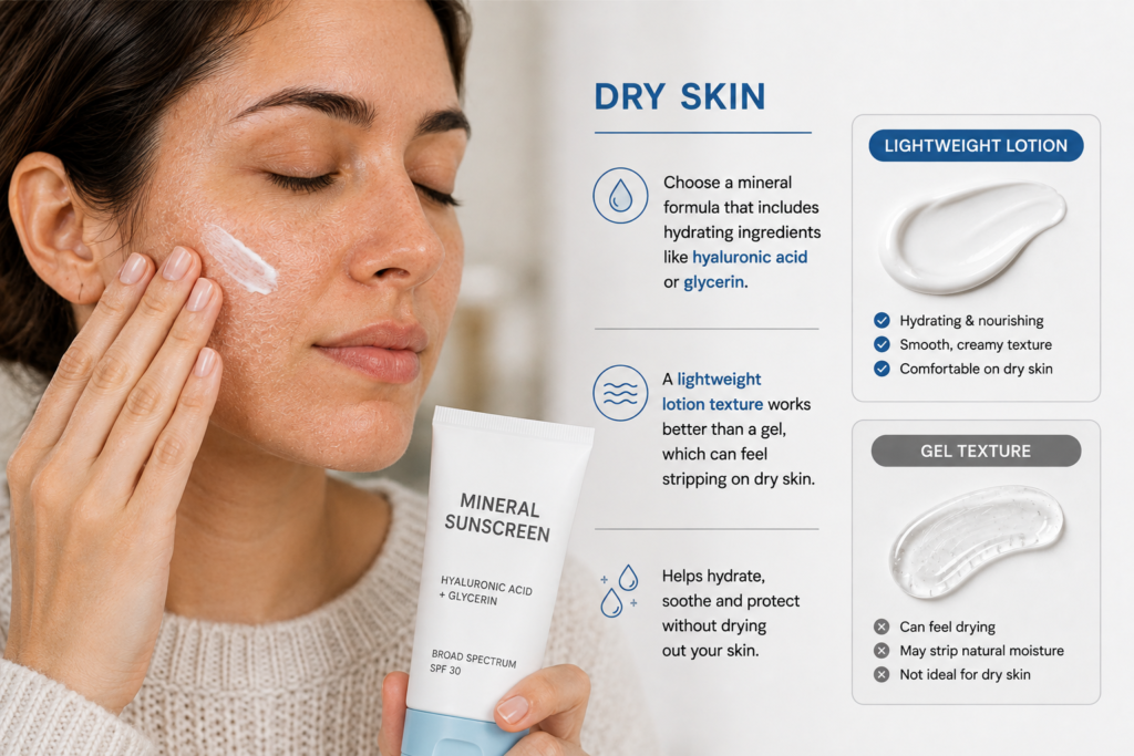 Woman with dry skin applying lightweight mineral sunscreen lotion with hyaluronic acid and glycerin for deep hydration and sun protection