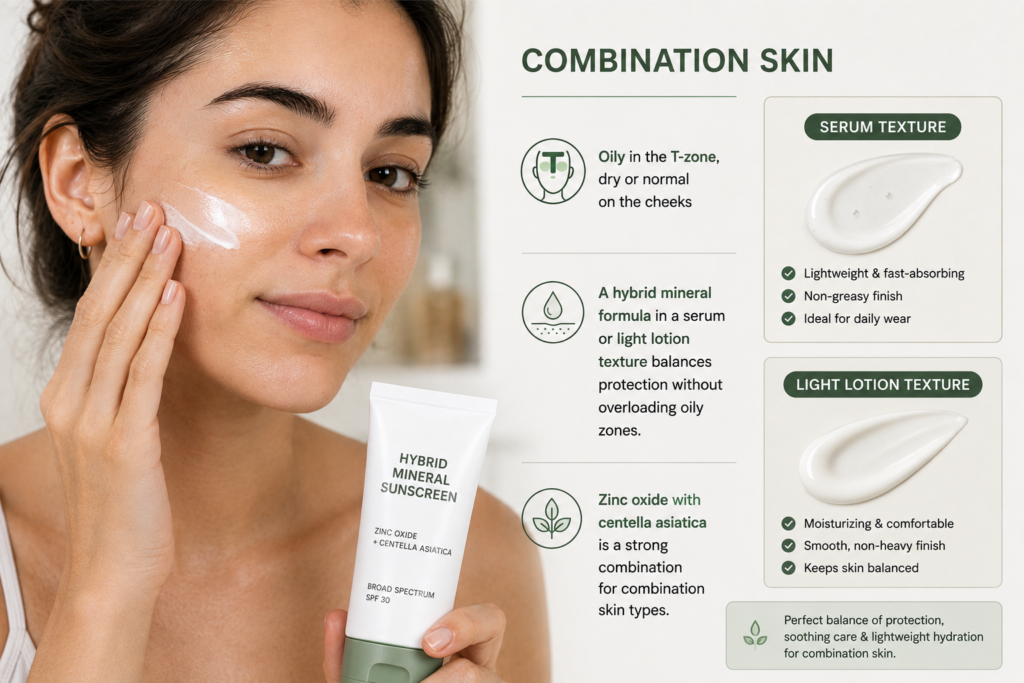 Woman with combination skin using hybrid mineral sunscreen with serum lotion texture, zinc oxide and centella asiatica for balanced protection