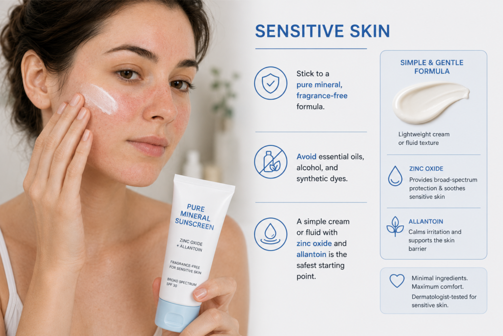 Woman with sensitive skin applying fragrance-free mineral sunscreen with zinc oxide and allantoin to soothe irritation and protect skin barrier