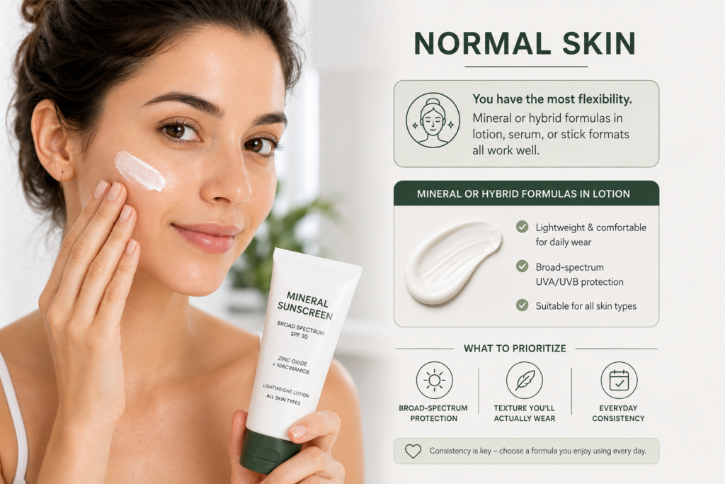 Woman with normal skin applying lightweight mineral sunscreen lotion for everyday broad-spectrum UV protection and healthy glowing skin