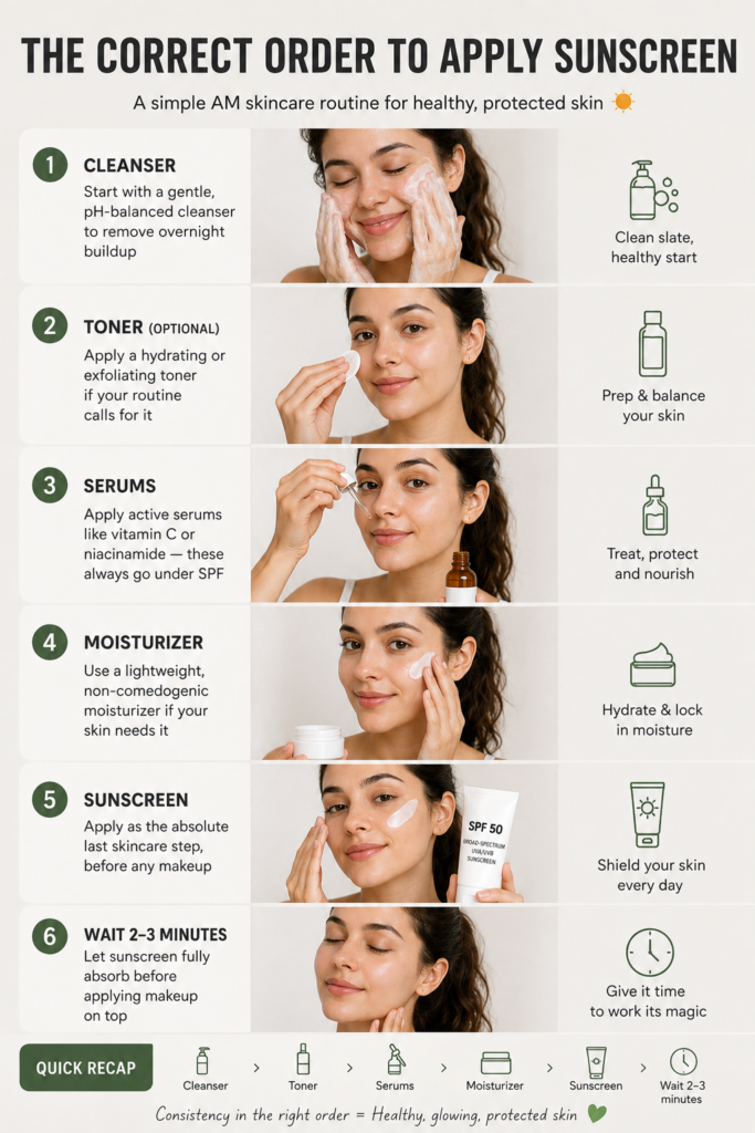 Step-by-step morning skincare routine showing cleanser, toner, serum, moisturizer, sunscreen and waiting before makeup application