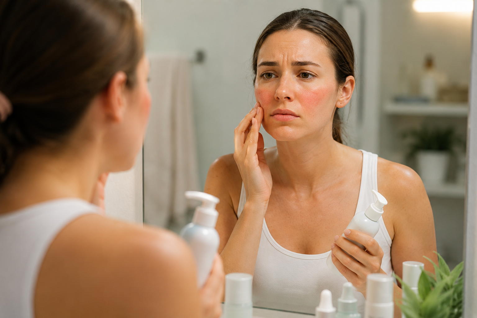 Woman with red, irritated sensitive skin checking a facial cleanser in the bathroom after experiencing redness and skin irritation