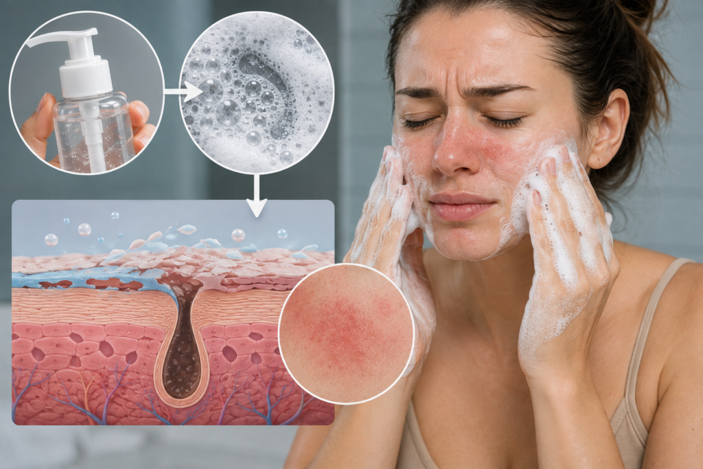 Woman washing her face with a foaming cleanser showing redness and damaged skin barrier caused by harsh sulfates on sensitive skin