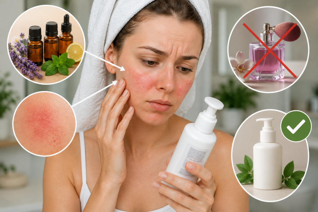 Woman with sensitive skin reacting to fragranced skincare while choosing a fragrance-free facial cleanser to reduce irritation and redness