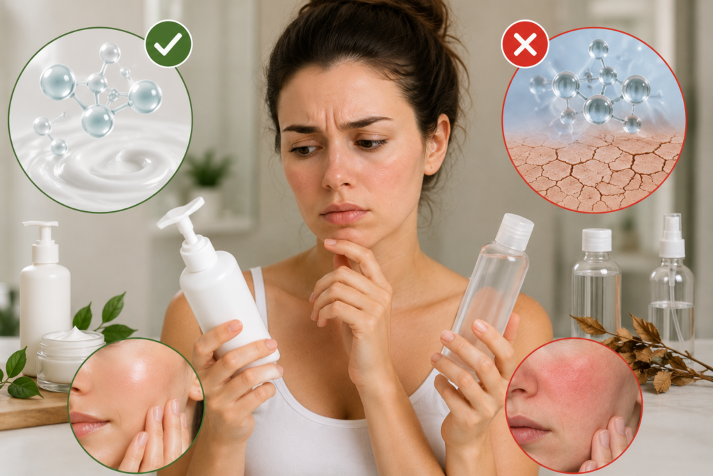 Comparison of drying alcohol and moisturizing cleanser formulas showing irritated sensitive skin versus healthy hydrated skin barrier