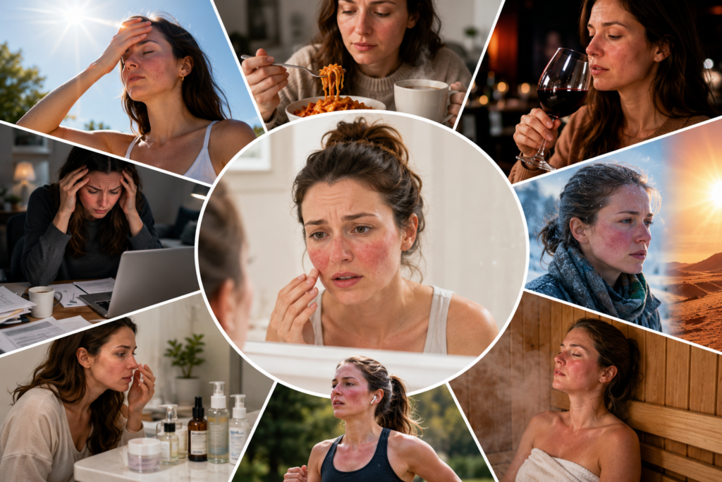 Woman with rosacea facial redness surrounded by common triggers including sun exposure, spicy food, hot drinks, red wine, stress, exercise, harsh skincare products, extreme temperatures, and hot sauna.