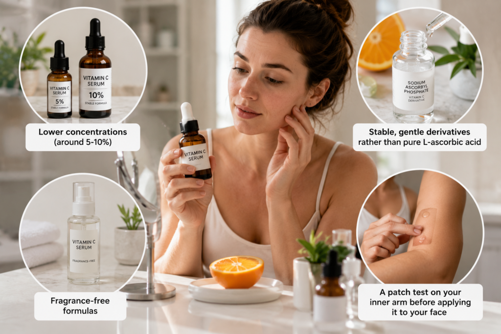 Woman using vitamin C serum with visual examples of low-strength vitamin C, gentle derivatives, fragrance-free formulas, and a patch test for rosacea-prone sensitive skin.