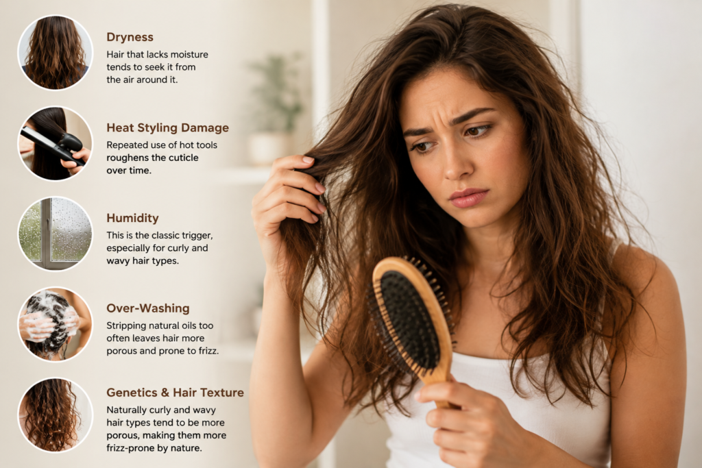 Clean beauty leave-in conditioner with aloe vera, botanical oils, and plant-derived proteins displayed in a natural spa-inspired setting for lightweight hydration and frizz control.