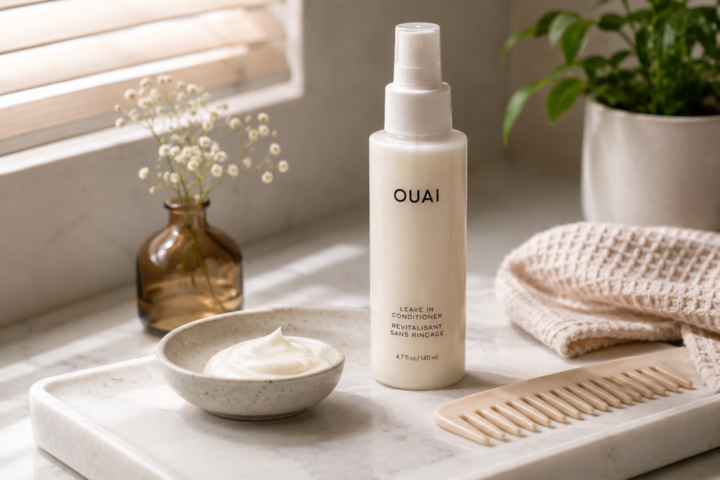 Woman applying a lightweight leave-in conditioner to smooth frizzy hair and improve softness with a nourishing hair care routine.