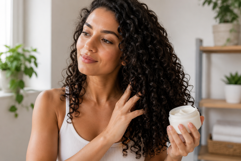 Woman with defined curly hair applying a rich leave-in conditioner cream to reduce frizz and enhance natural curl definition.