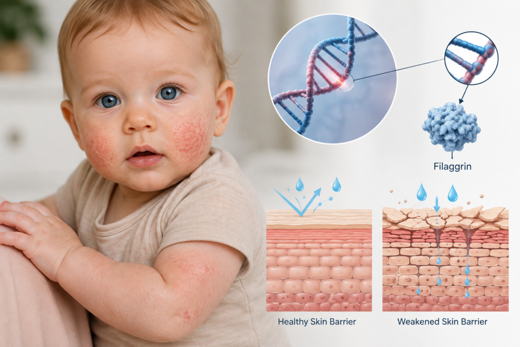 Genetic skin barrier damage caused by filaggrin mutation leading to eczema