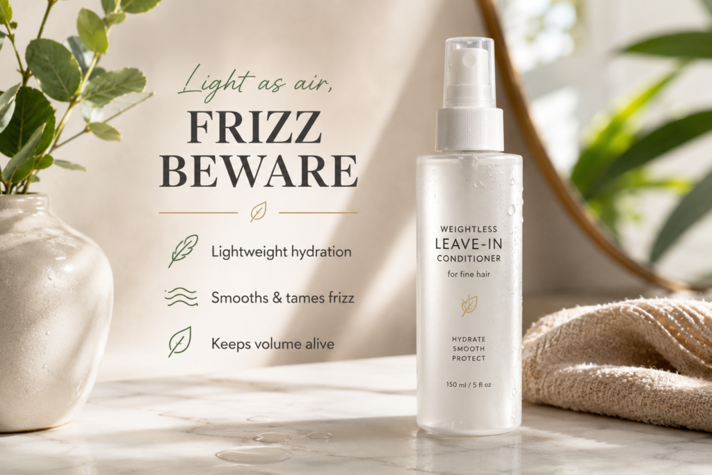 Lightweight leave-in conditioner spray designed for fine hair to add hydration, reduce frizz, and maintain natural volume.