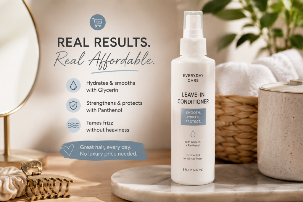 Affordable leave-in conditioner with glycerin and panthenol displayed in a modern bathroom for everyday frizz control and hydration.