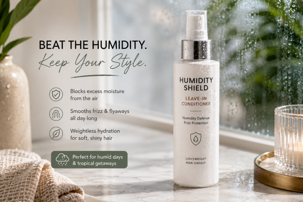 Humidity-control leave-in conditioner designed to block moisture, prevent frizz, and keep hair smooth in humid weather.