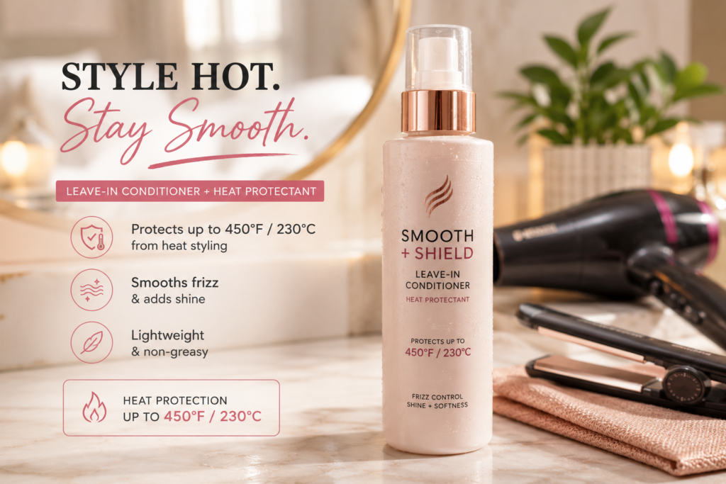 Leave-in conditioner with built-in heat protection displayed alongside a hair dryer and flat iron for frizz-free heat styling.