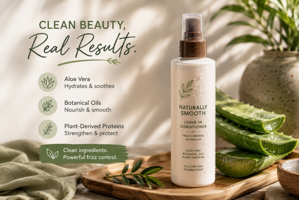 Clean beauty leave-in conditioner with aloe vera, botanical oils, and plant-derived proteins for natural frizz control and hydration.