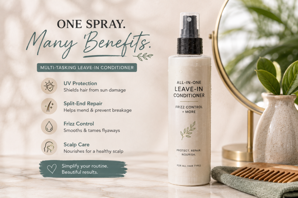 Multi-benefit leave-in conditioner offering frizz control, UV protection, split-end repair, and scalp care in one hair care product.