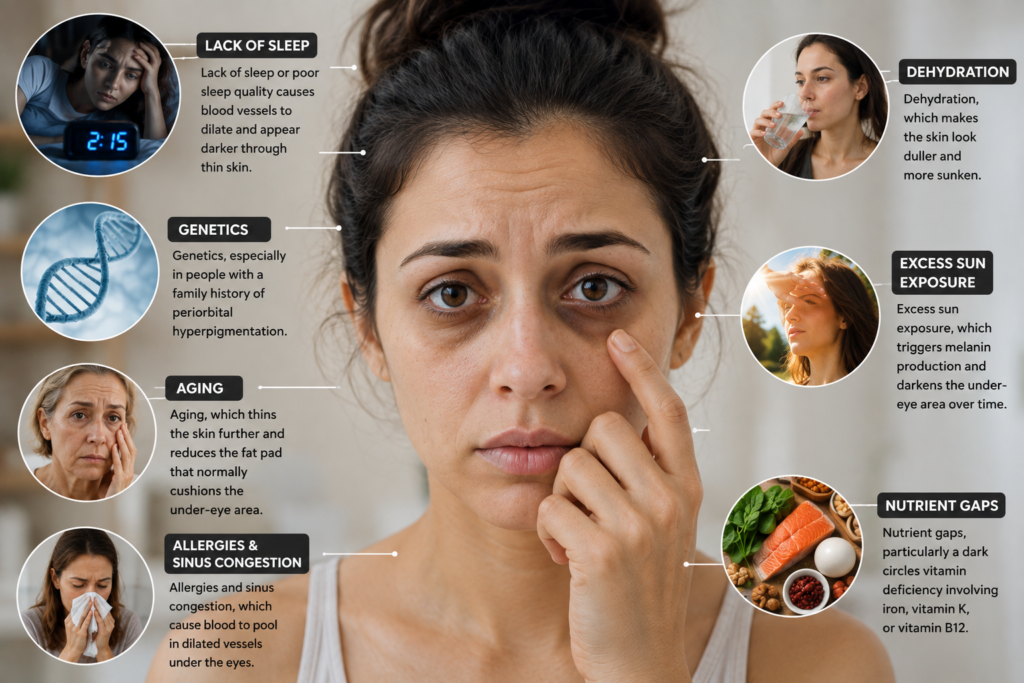 "Common causes of dark circles under the eyes illustrated with a young American woman showing under-eye pigmentation, including poor sleep, aging, dehydration, allergies, sun damage, genetics, and nutrient deficiencies."