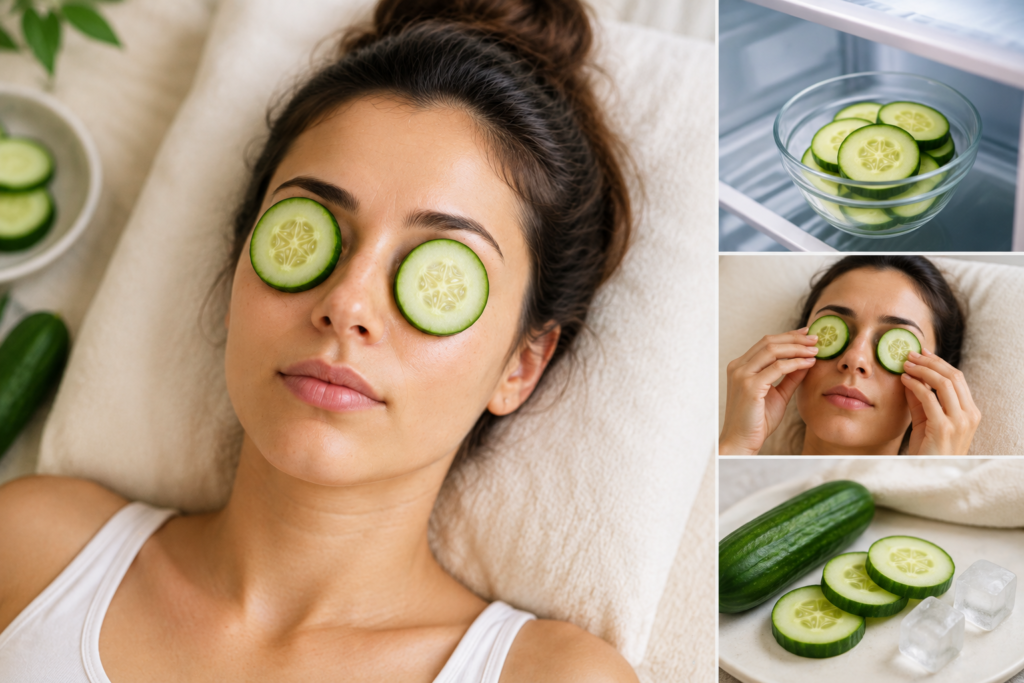 "Young American woman relaxing with chilled cucumber slices over her eyes to help reduce dark circles and under-eye puffiness naturally."