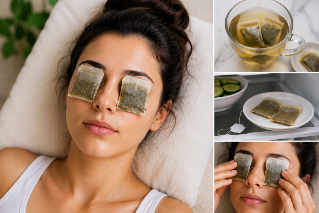 "Young American woman using chilled green tea bags on her eyes as a natural remedy for dark circles and puffy under-eye skin."