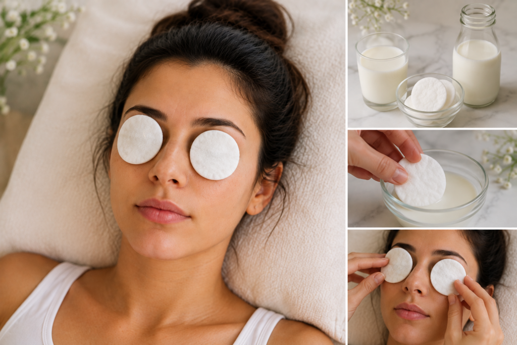 "Young American woman applying cold milk-soaked cotton pads under her eyes to naturally brighten dark circles and reduce under-eye discoloration."