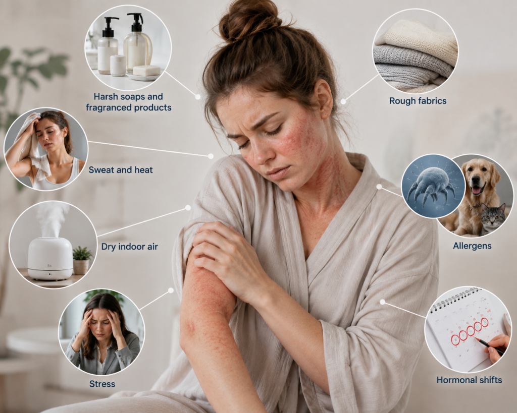 Common eczema triggers including stress, harsh soaps, allergens, heat, and dry air