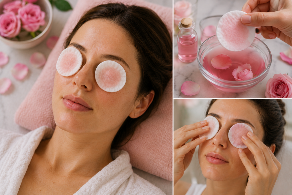 "Young American woman using chilled rose water cotton pads as a soothing natural treatment for dark circles and tired under-eye skin."