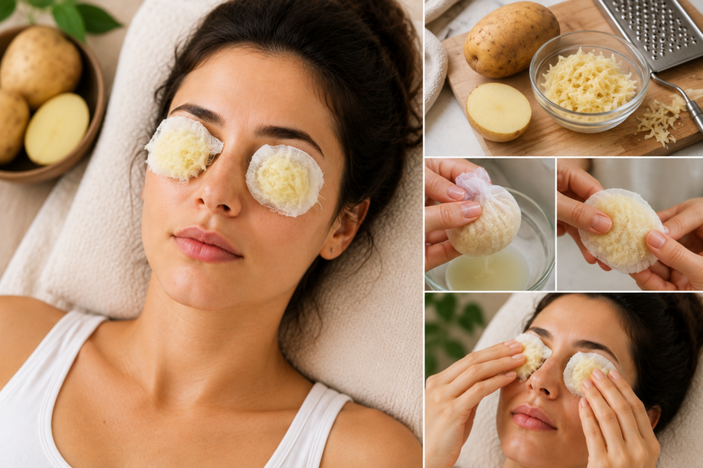 "Young American woman applying grated potato wrapped in cheesecloth under her eyes as a natural home remedy to lighten dark circles."