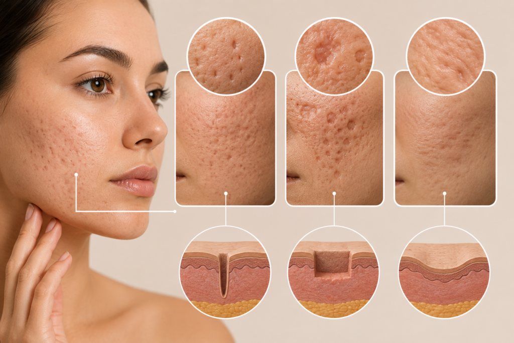 Dermatologist performing subcision and punch excision treatment to remove deep ice pick and boxcar acne scars.
