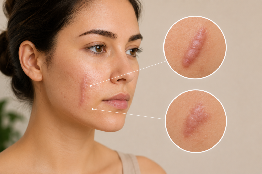 "Close-up of raised hypertrophic and keloid acne scars on a woman's cheek with a detailed skin magnification."
