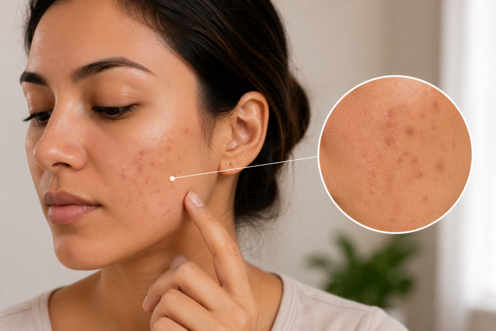 "Woman with post-inflammatory hyperpigmentation and dark acne marks after pimples healed, shown with a skin close-up."
