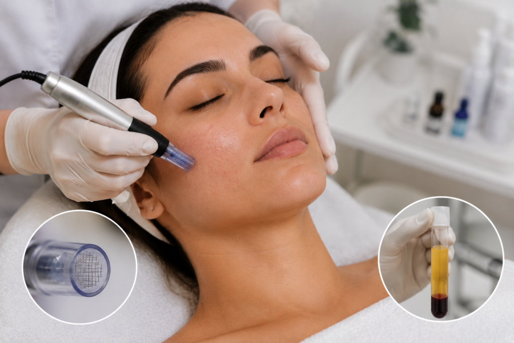 "Professional microneedling treatment with PRP to stimulate collagen production and reduce acne scars."