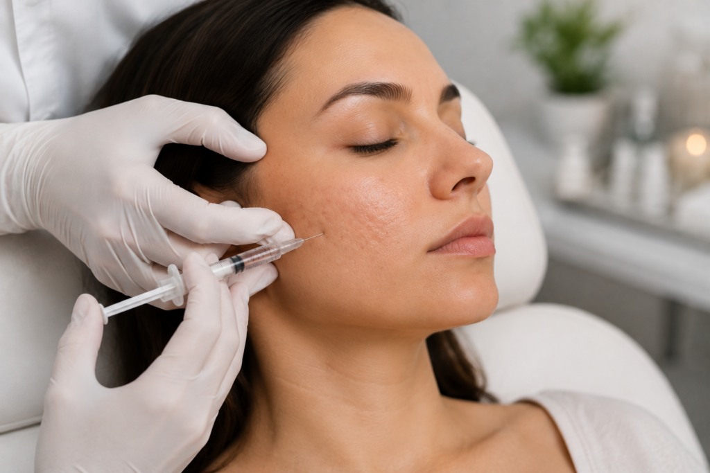 "Dermatologist injecting dermal fillers to improve the appearance of depressed atrophic acne scars."