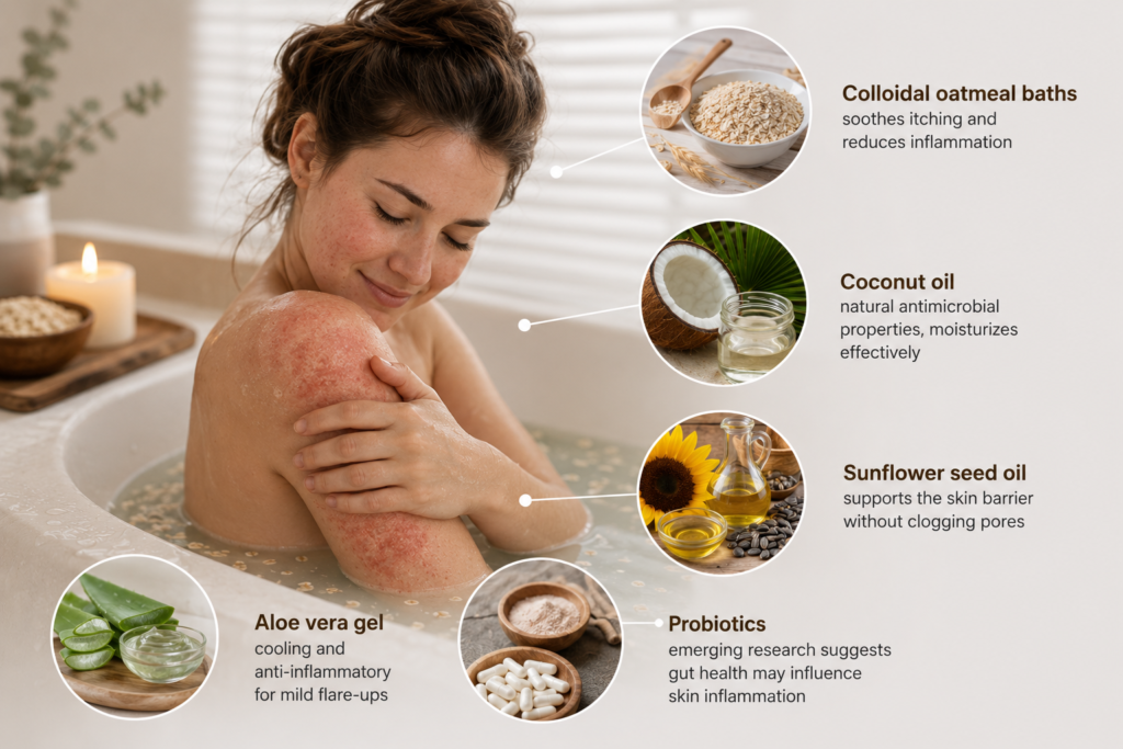 Natural home remedies for eczema including oatmeal bath, coconut oil, aloe vera, sunflower oil, and probiotics