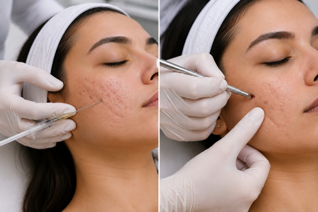 "Dermatologist performing subcision and punch excision procedures to treat deep ice pick and boxcar acne scars."