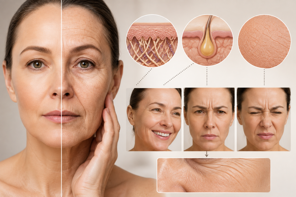 "Before and after facial skin aging comparison showing wrinkles, fine lines, skin texture, and signs of aging"