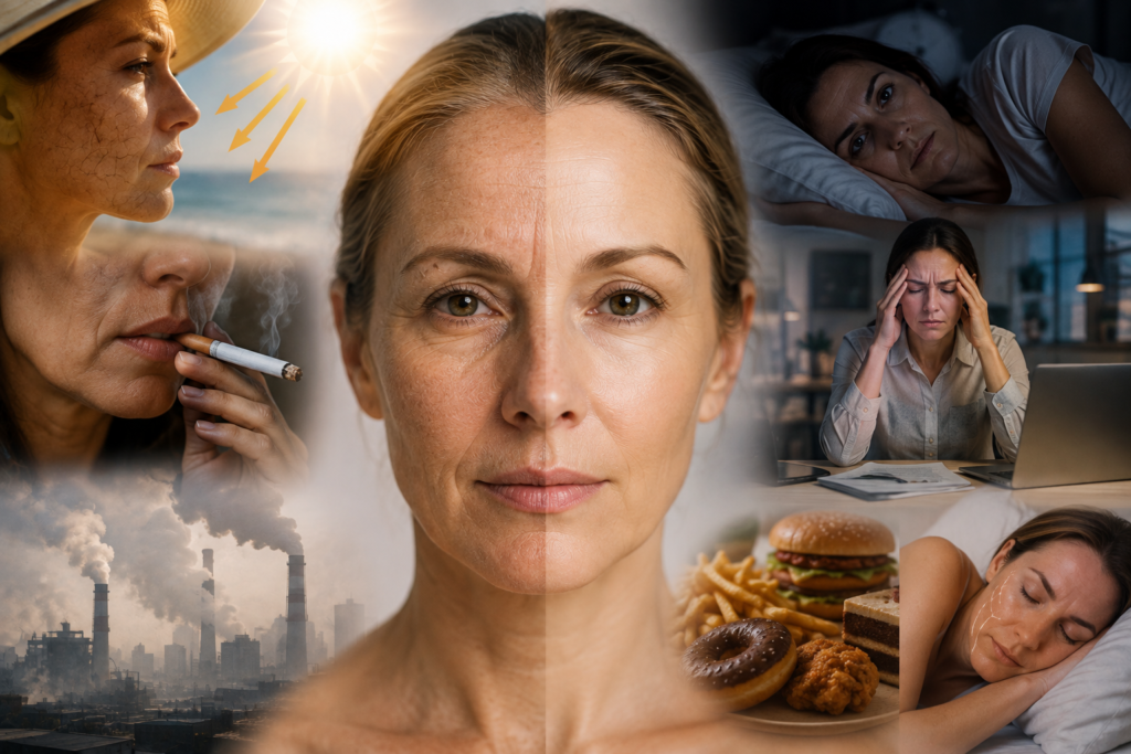 Premature skin aging caused by sun exposure, smoking, air pollution, stress, poor sleep, and unhealthy diet, leading to wrinkles, fine lines, and visible skin damage.