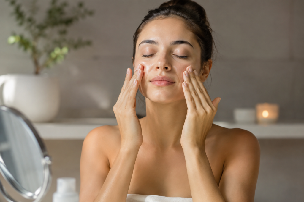 "Woman gently massaging her face to boost circulation, reduce puffiness, and promote a refreshed, healthy complexion."