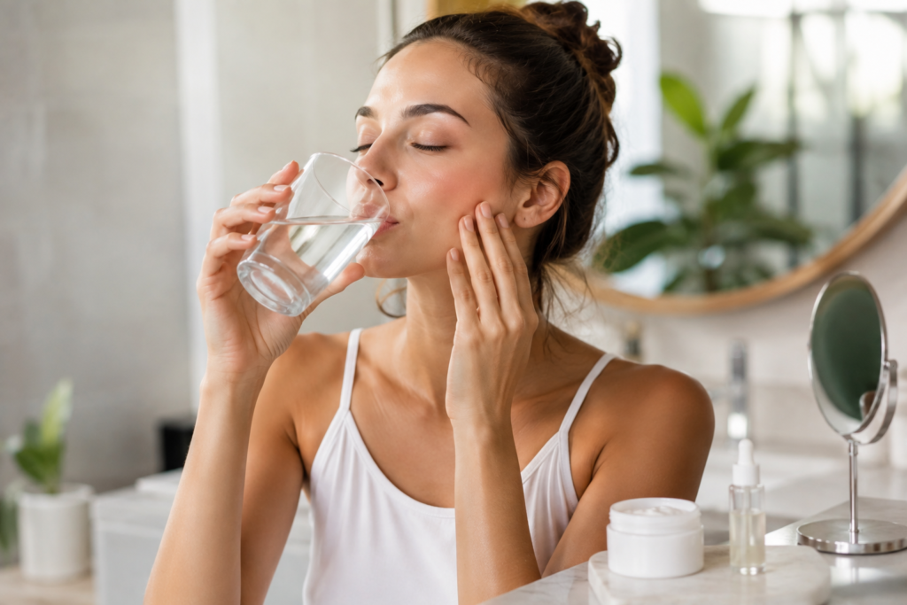 Woman drinking water while following a healthy skincare routine