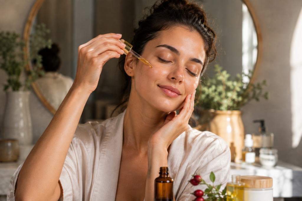 Woman applying facial oil to her face during a relaxing skincare routine
